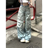 Tineit Women Blue Jeans Hip Hop Streetwear High Waist American Wide Leg Pants Fashion Y2K Style Female Winter Straight Trousers