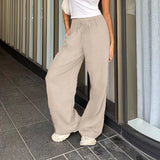 Tineit Cotton Linen Drawstring Straight-leg Pants Coquette Y2K Aesthetics  Wide Leg Trousers Fashion Solid Harajuku Women