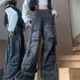 Tineit New Multi-pocket High Street American Tooling Wide-leg Jeans Female Y2K Street Punk Style Loose Street Brand Washing Old Pants