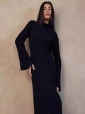 Black Friday Tineit Fall Winter New Knitted Dress Female Casual Big Striped High Collar Sweater Long Dress Elegant Flare Sleeve Party Dresses