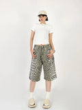 Tineit Women Tan Leopard Print Denim Shorts Y2k Baggy Vintage Streetwear High Waist Jeans Summer Wide Leg Five Points Trouser