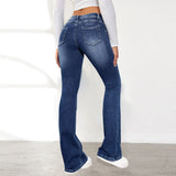 Tineit Women Jeans Slim Fit Flare Pants Denim Washing Pockets High Waist Solid Ankle Length Boot Cut Streetwear Casual Zipper Fly