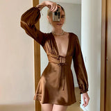 Tineit Chic Women Sexy Front Tie Up Long Sleeve Mini Dress Y2K Vintage Elegant Lady Satin A-line Dress Birthday Party Night Streetwear