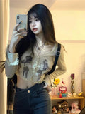 Tineit Y2k Lace Crop Tops for Girls American Retro Graphic Cardigan T-shirts Women Coquette Summer Fashion Long Sleeve Clothes