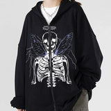 Tineit Y2K Aesthetic Zip Up Sweatshirts E-girl Gothic Grunge Emo Skeletons Wings Print Oversized Hoodies Autumn Long Sleeve Coat Top