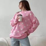 Tineit Heart Printed Knitted Sweater For Women Mid Length Knitted O-Neck Pullover Sweater Loose Long Sleeve Autumn Winter New