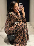 Black Friday Tineit Leopard Print Stand Collar Sexy Dress For Women Fashion Ruffle Sleeve Slim Maxi Dress Female 2024 Autumn New High Street