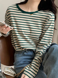 Tineit Spring Striped Cotton T Shirt Women Long Sleeve O Neck Simple All-match Tees Preppy Style Sweet Loose Casual Bottom Shirt Tops