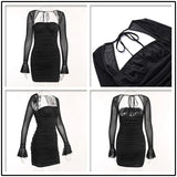 Tineit-Townlike Mesh Slim Bodycon Pleated Bandage Dress Women Mini Nightclub Sexy Party Dress Long Sleeve 2024 Spring Summer Dresses