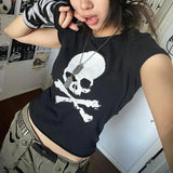 Tineit Skeleton Print Black Crop Top 90s Vintage Harajuku Grunge Summer T-shirt Dark Academia Emo Alt Tees Women Streetwear