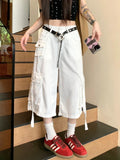 Tineit Y2k White Calf-Length Cargo Pants Women Baggy High Wasit Denim Shorts Safari Style Summer Korean Wide Leg Jeans Female