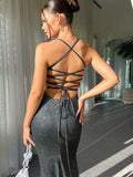 Tineit Glitter Slip Backless Bandage Maxi Dress Women's Sexy Elegant Evening Party Dresses Bodycon Beach Spaghetti Strap Dress