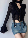 Tineit Sexy See Through Blouses Women Summer Flare Sleeve Black Mesh Crop Top Korean Fashion Irregular Ruffles Shirts Y2k Streetwear