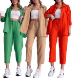 Tineit Pant Sets Women Solid Two Pieces Set Long Sleeve Cropped Button Shirt Loose Wide Leg Trouser Work Sporty Suits Y2k Streetwear