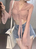 Tineit Y2k Mesh Crop Top Women Summer Flare Sleeve Tie Up Blouses Korean Fashion Hotsweet See Through Irregular Ruffles Cardigan Tops