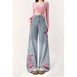 Tineit Women Vintage Baggy Blue Embroidery Jeans 90s High Waist Denim Trouser Harajuku Retro Korean Y2k Wide Cowboy Pants 2000s Clothes