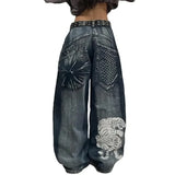 Tineit 2024 American New Fashion Baggy Jeans Y2K Harajuku Oversized Print Casual Retro High-waisted Jeans Men And Women Wide Trousers