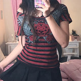 Tineit Y2K Aesthetic Grunge Mall Goth Crop Top Vintage Striped Rose Graphic Print T-shirt E-girl Harajuku Gothic Short Sleeve Slim Tees