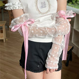 Tineit Lolita Cute Bow Y2K Floral Hollow Out Long Sunscreen Gloves Japanese Style Kawaii Lace Sheer Gloves UV Protection Arm Sleeves