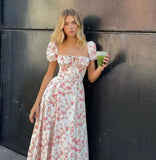 Tineit-Suninheart Summer Square Neck Pink Floral Print Dress Elegant Midi Puff Sleeve Slim Dress for Party Holiday Women Dress 2024