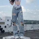 Tineit Streetwear Straight Pants Ladies Ripped Jeans Mid Waist Loose Wide Leg Pants Ladies Jeans Y2K Summer High Street  Cargo Pants