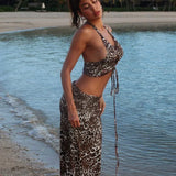 Tineit Leopard Print Beach Skirt Sets Women Sexy Halter Crop Top and Maxi Skirt Outfits Summer Hollow Out Holiday Two Piece Set 2024