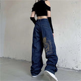 Tineit American Retro Street Loose Embroidered Straight Jeans Women Y2K New Hip Hop Joker High Waist Wide Leg Pants Casual Trend Jeans