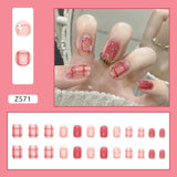 Tineit-Rhinestone Short Heart Nude Ballet Ribbon Halo Dyeing Fake Nails Colorful Nail Art Gorgeous Press on Nails Nail Supplies