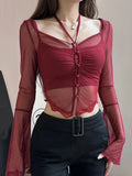 Tineit Y2k Tops Women Long Sleeve See Through Bodycon T Shirt Korean Style Spicy Girl Red Crop Top Hotsweet Irregular Tight 2 Piece Set