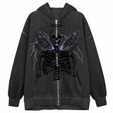 Tineit Y2K Aesthetic Zip Up Sweatshirts E-girl Gothic Grunge Emo Skeletons Wings Print Oversized Hoodies Autumn Long Sleeve Coat Top