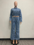 Tineit Pant Sets Draw String Turn Down Collar Denim Coat Tracksuit Single Breasted Jackets Wide Leg High Waist Jeans Loose Casual