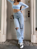 Tineit Blue Wash Straight Leg Knee Ripped Jeans