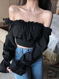 Tineit Sexy Backless Crop Top Women Spring Summer Slash Neck Bandage Shirts Ladies Korean Style Sweet Elegant Retro Puff Sleeve Blouses