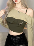 Tineit Green Patchwork Y2k Tops Women Spring Autumn Long Sleeve Off Shoulder Sexy Slim Tops Cool Girl Fake Two-piece T Shirt Streetwear