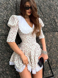 Tineit-Summer Printed Patchwork Mini Dress Female V-Neck Short Sleeve Slim Fashion Elegant Party Dress Gown For Women Dress 2024