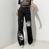 Tineit American New Trend Girl Cool Handsome Street Shooting Printing Japanese Button Jeans Strap Fried Street Subculture Pants Female