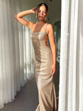 Tineit Glitter Slip Backless Bandage Maxi Dress Women's Sexy Elegant Evening Party Dresses Bodycon Beach Spaghetti Strap Dress