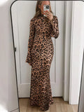 Black Friday Tineit Leopard Print Stand Collar Sexy Dress For Women Fashion Ruffle Sleeve Slim Maxi Dress Female 2024 Autumn New High Street