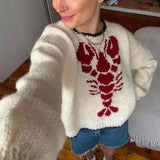 Tineit 90s Vintage Grunge Preppy Style Y2K Sweater Lobster Patterm Knitted Pullovers Autumn Winter Long Sleeve Knitwear Women Clothes