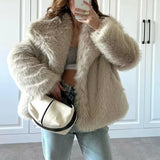 Tineit Warm Winter Long Sleeve Lapel Collar Coat Outwear Women Faux Fur Coat Elegant Lady Fashion Jacket 90s Vintage Y2K Streetwear