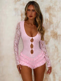 Black Friday Tineit Lace Spliced Sexy Slim Bodysuits For Women Hollow See Through Fashion Low Collar Hot Girl Party Club One Piece Bodysuits