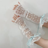 Tineit Lolita Cute Bow Y2K Floral Hollow Out Long Sunscreen Gloves Japanese Style Kawaii Lace Sheer Gloves UV Protection Arm Sleeves