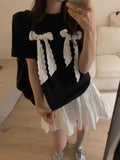 Tineit Black Bow Lace Up T Shirts for Women O-neck Short Sleeve Loose Casual Tops Korean Fashion Chic Aesthetic Clothing Summer