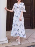 Tineit  Elegant Rose Floral Print Vestidos Women 2025 New Dress V-neck Tunic Vestido Summer High Waist Dresses Back Lace-up Bow Robes