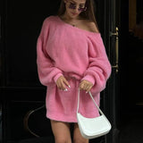 Black Friday Tineit Faux Mink Pullover Sweater Female V-neck Reversible Autumn Winter Lanter Sleeve Loose Midi  Knitted Sweater Solid Elegant