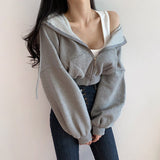 Tineit 2024 Fall Fashion Solid Color Casual Zip Up Cropped Hoodie