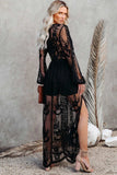 Tineit V Neck Lace Patchwork Split Maxi Dress