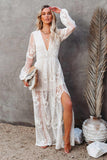 Tineit V Neck Lace Patchwork Split Maxi Dress