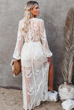 Tineit V Neck Lace Patchwork Split Maxi Dress