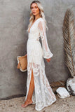 Tineit V Neck Lace Patchwork Split Maxi Dress